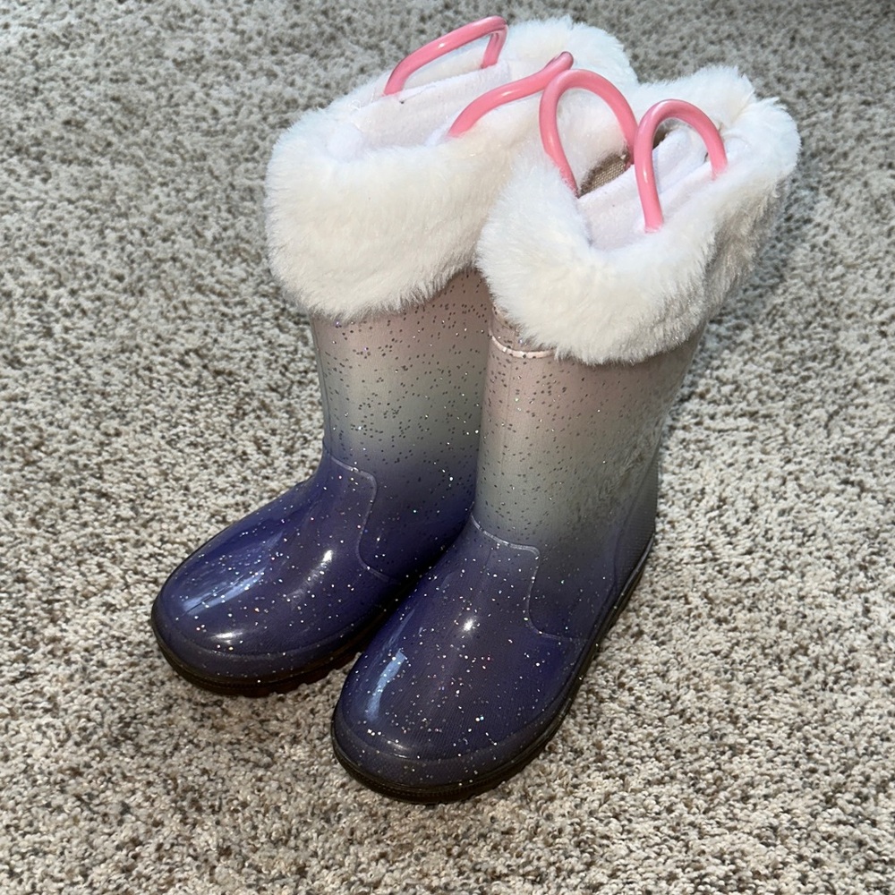 Amazon toddler girls size 11 Sparkly Purple Ombré Rain Boots with Handles